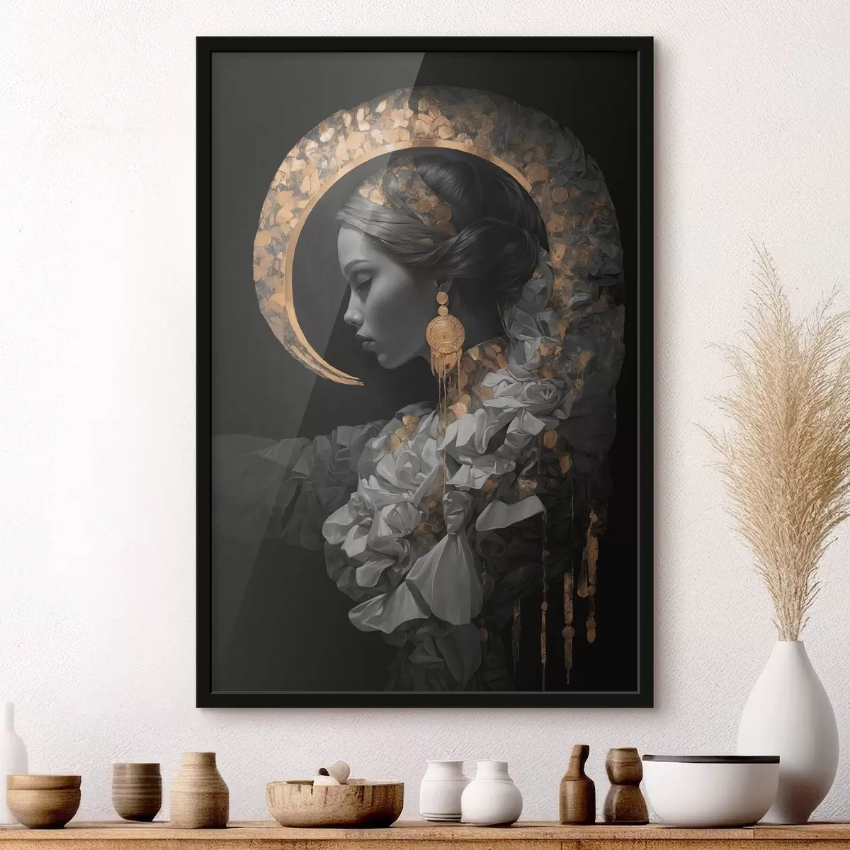 Poster Mädchen und gelbe Mondsichel auf schwarzem Hintergrund f44449