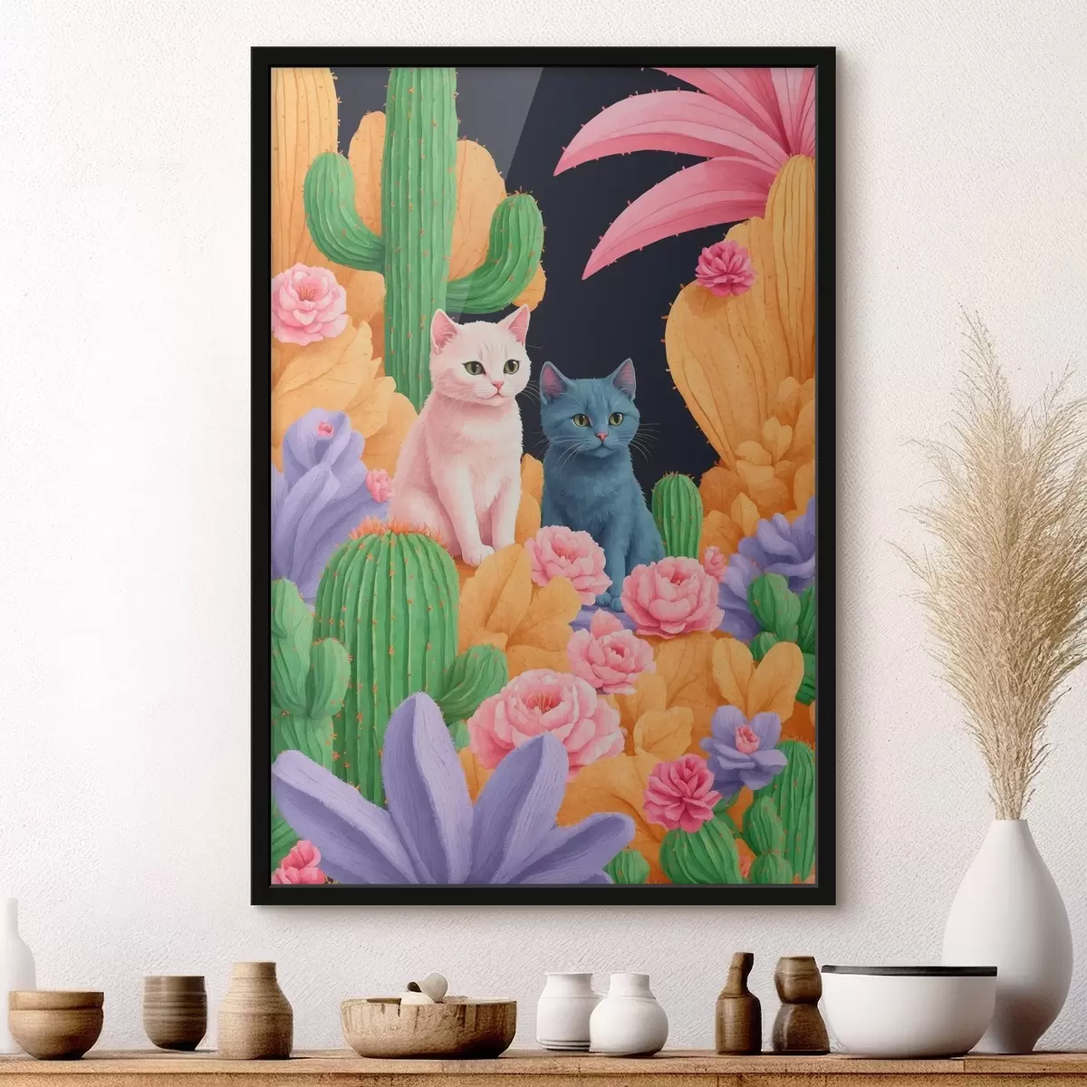 Poster Künstliche Katzen zwischen Blumen und Kakteen f44452
