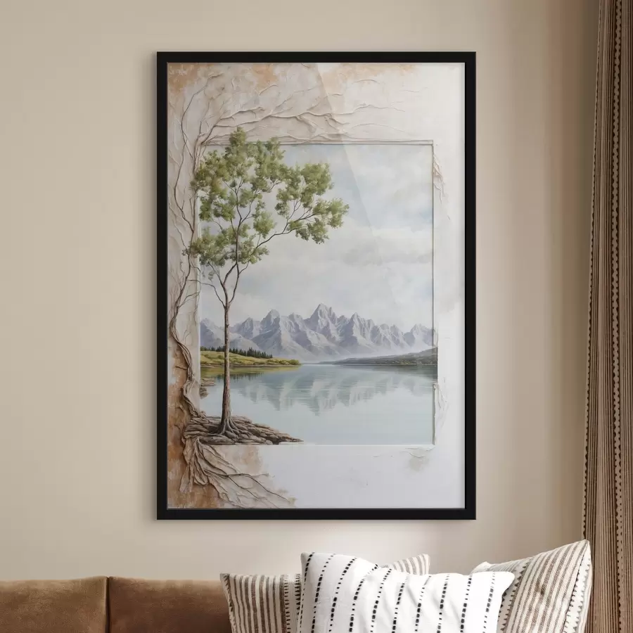 Fototapete Blick auf den See und verschneite Berge im Rahmen f44458