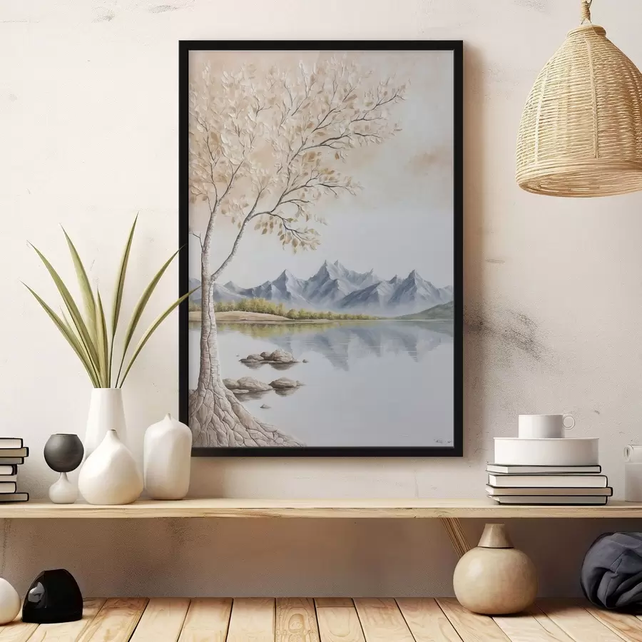 Wandbilder Baum auf See und verschneite Berge im Hintergrund f44459