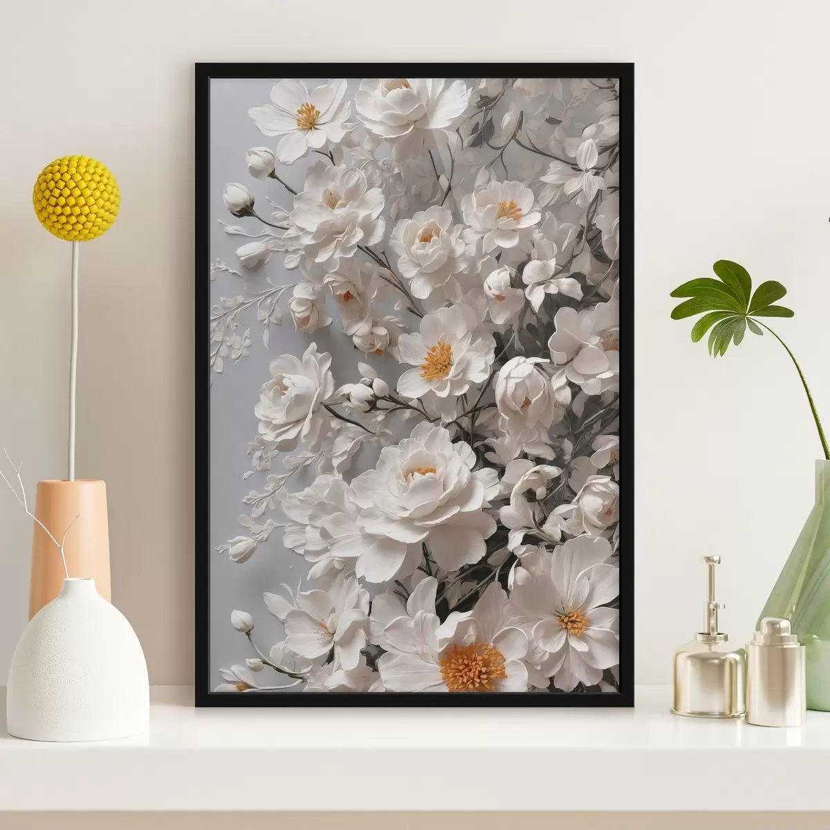 Poster Weiße Blumen und Blätter auf weißem Hintergrund f44465