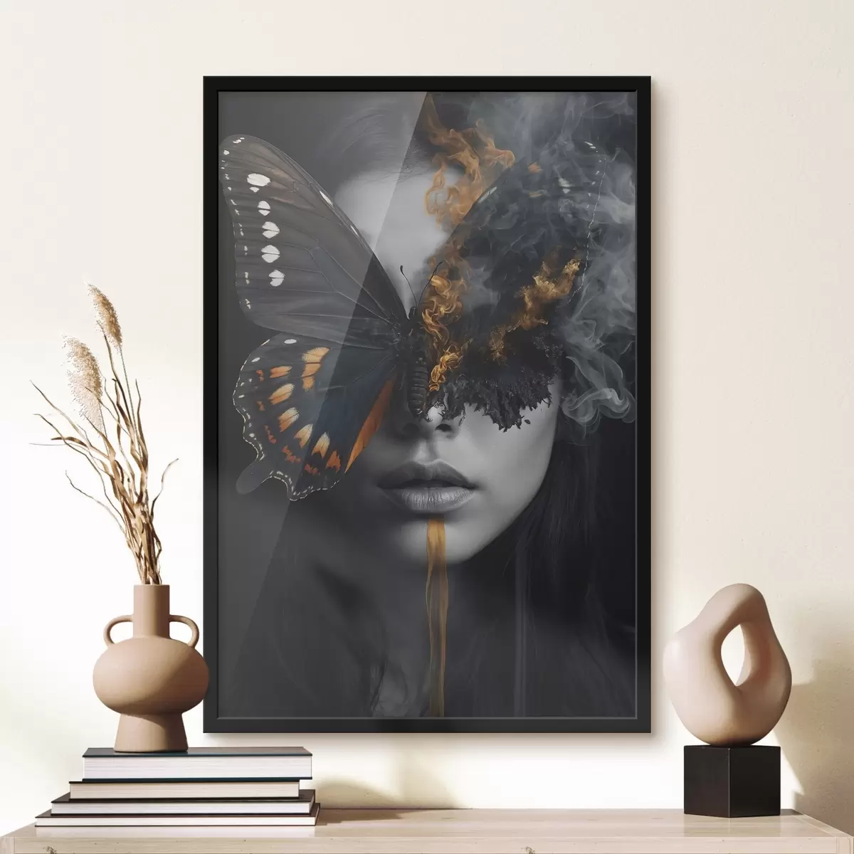 Poster Brennender Schmetterling auf dem Gesicht eines Mädchens f44468