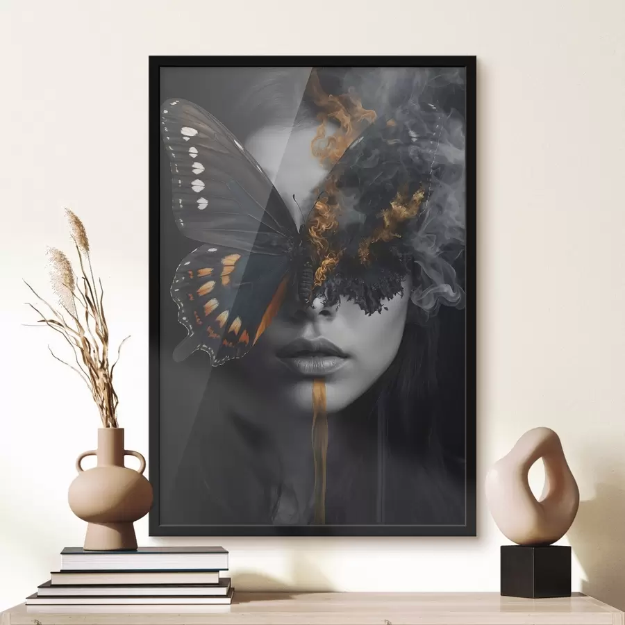 Wandbilder Brennender Schmetterling auf dem Gesicht eines Mädchens f44468