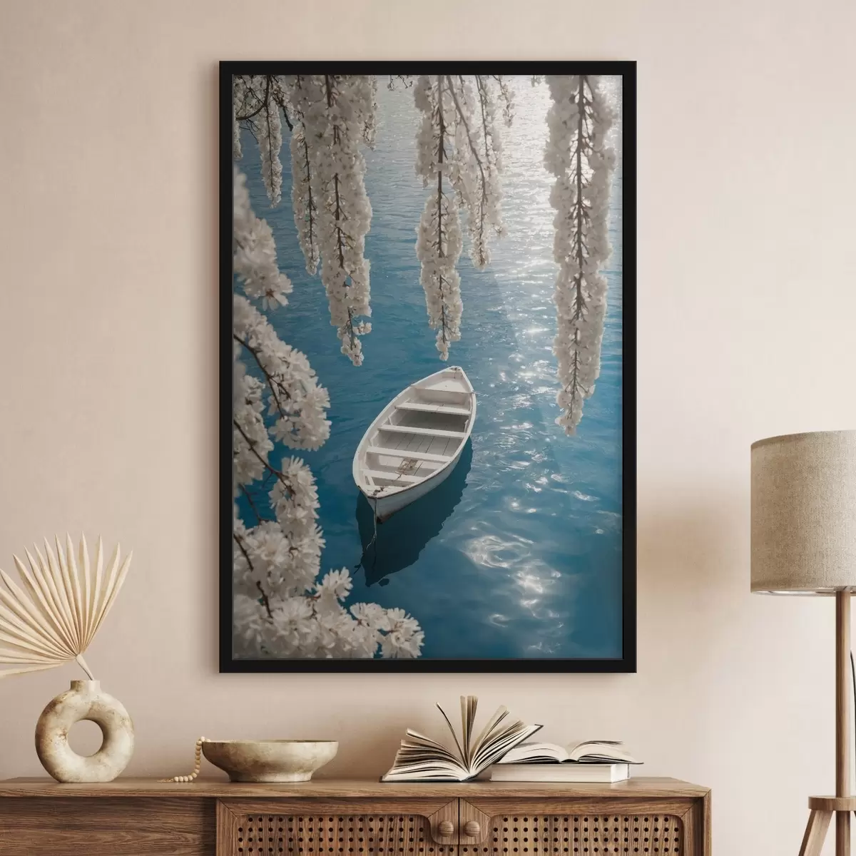 Poster Weißes Boot unter einem Baum f44482