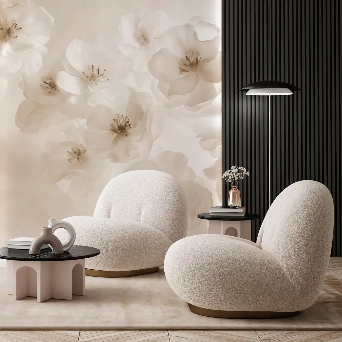 Fototapete Zarte große Blüten, Beigetöne w03931v2