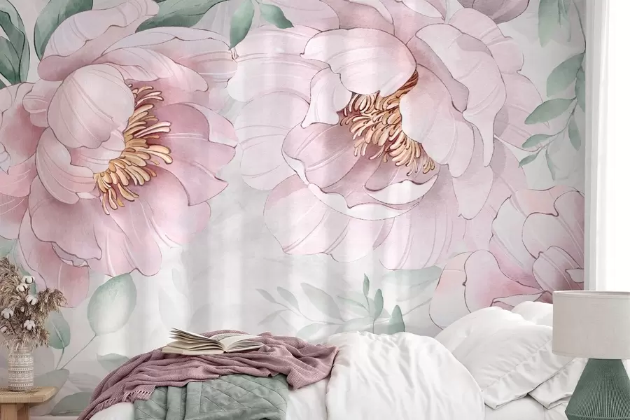 Fototapete Rosa Pfingstrosen Nachahmung Aquarell w03932v2