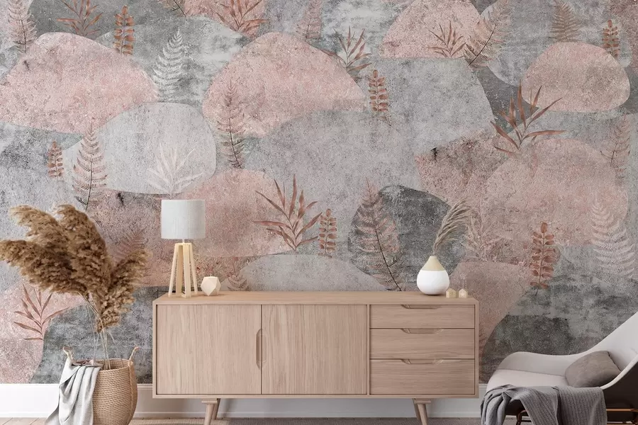 Fototapete Steine mit Pflanzen, Farn, nordischen, rustikalen Stil, grau und rosa Farben w04064v1