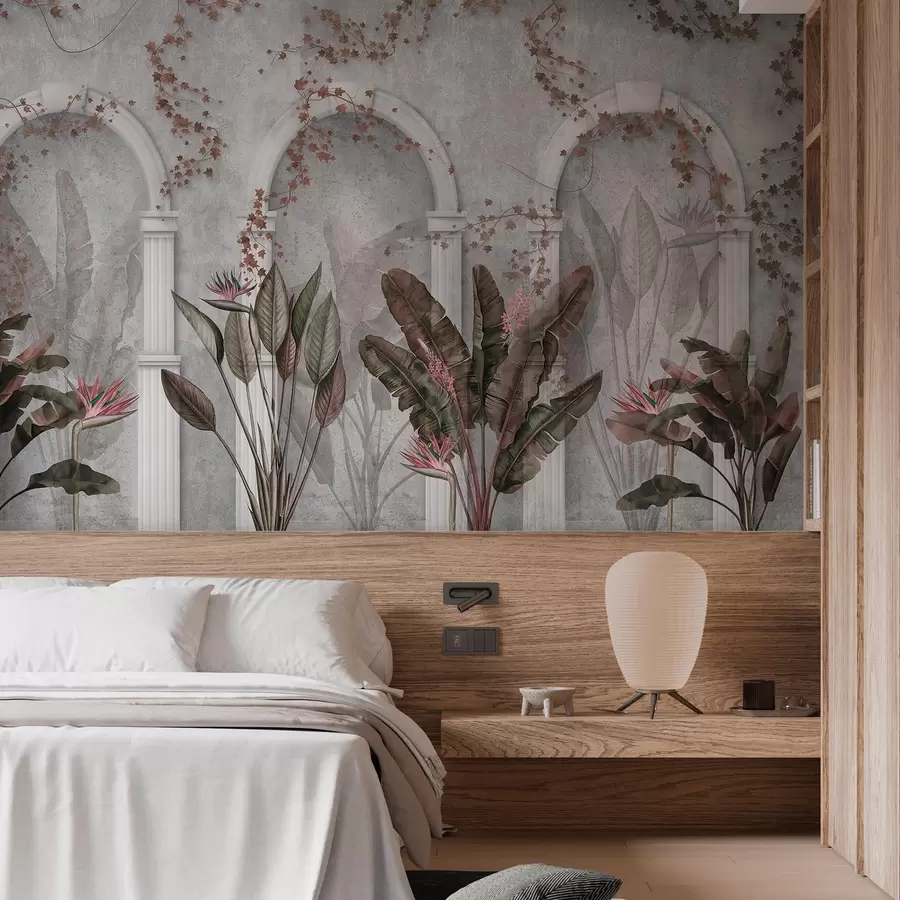 Fototapete Betonmauer mit Bögen und tropischen Pflanzen, blumig, burgunderrote Farben w04065v1