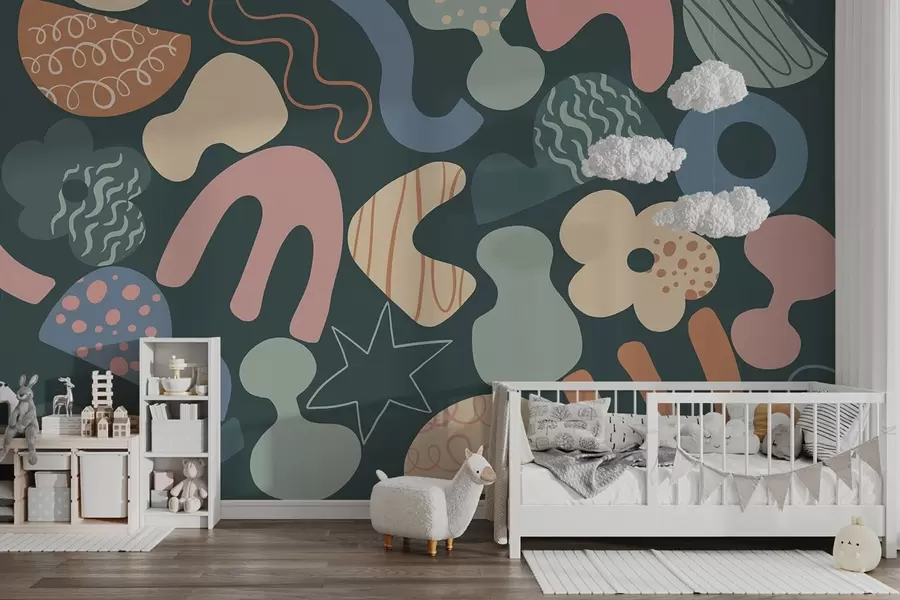 Fototapete Geometrische Figuren mit Kritzeleien Zeichnung, jugendlich, dunkelgrüner Hintergrund w04068v3