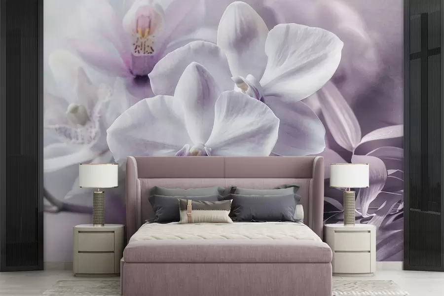 Fototapete Weiße und lilafarbene zarte Orchideenblüten, weiche Beleuchtung und ein verschwommener, strukturierter Hintergrund w09155