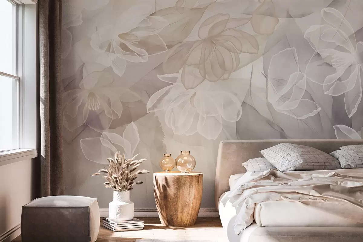 Fototapete Blüten und Blätter mit transparenten Blütenblättern in Weiß-, Beige- und Violett-Tönen, zart und fein w09158