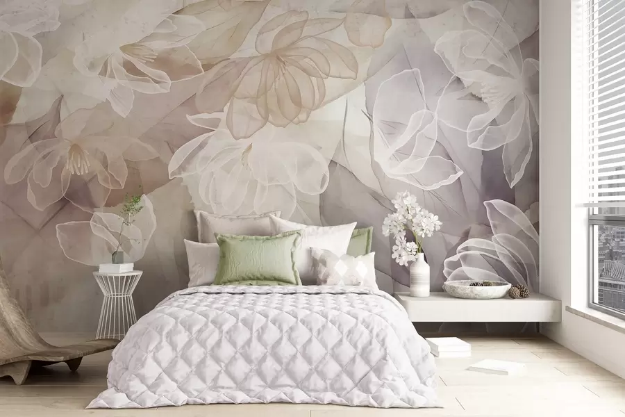 Fototapete Blüten und Blätter mit transparenten Blütenblättern in Weiß-, Beige- und Violett-Tönen, zart und fein w09158