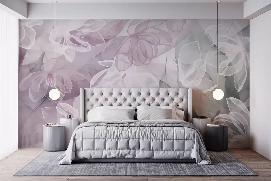 Fototapete Blüten und Blätter mit transparenten Blütenblättern in Weiß-, Rosa- und Grüntönen, weich und zart w09158v1