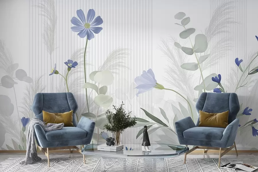 Fototapete Blumen in Pastellfarben, hellgrüne Blätter, weißer Hintergrund mit vertikalen Linien, elegant und minimalistisch w09161v1