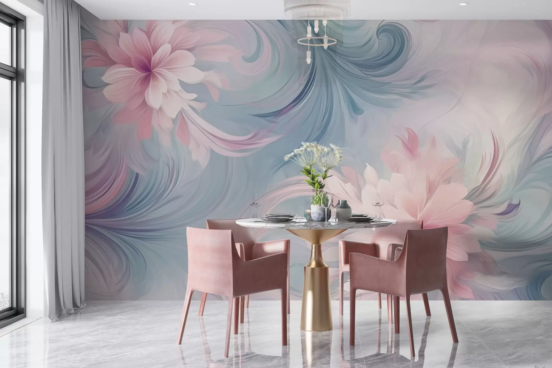 Fototapete Blumen und Blätter in rosa und blauer Farbe w04048