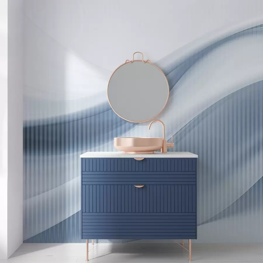 Fototapete Abstrakter Druck mit fließenden Linien und subtilen vertikalen Streifen, die ein Gefühl von Bewegung und Tiefe vermitteln, blaue Farbpalette w09189v1