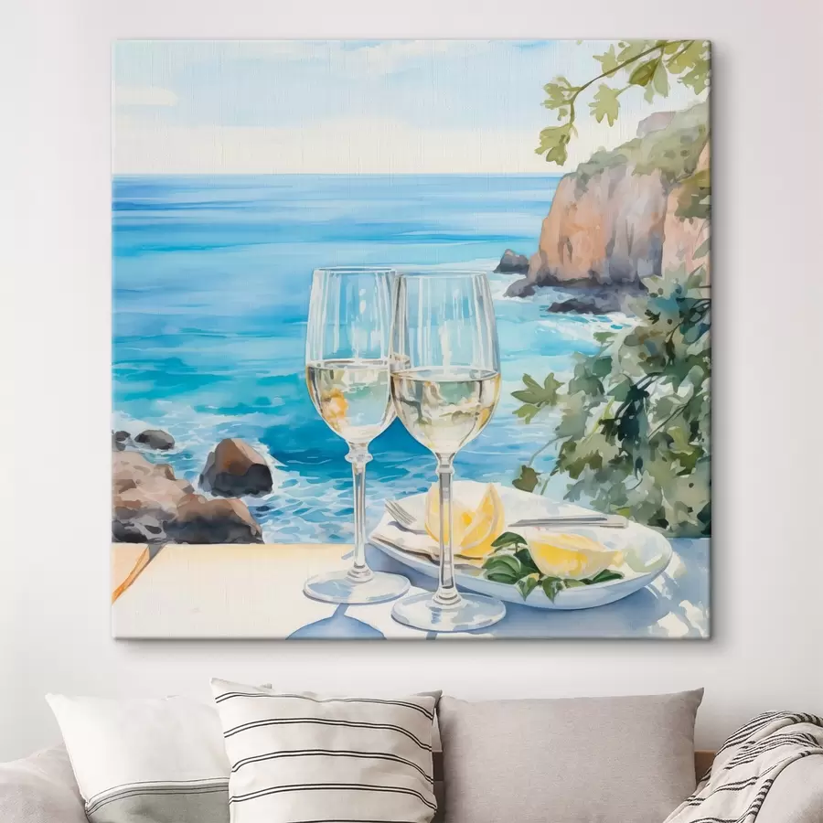 Wandbilder Gläser mit Wein am Meer s44644