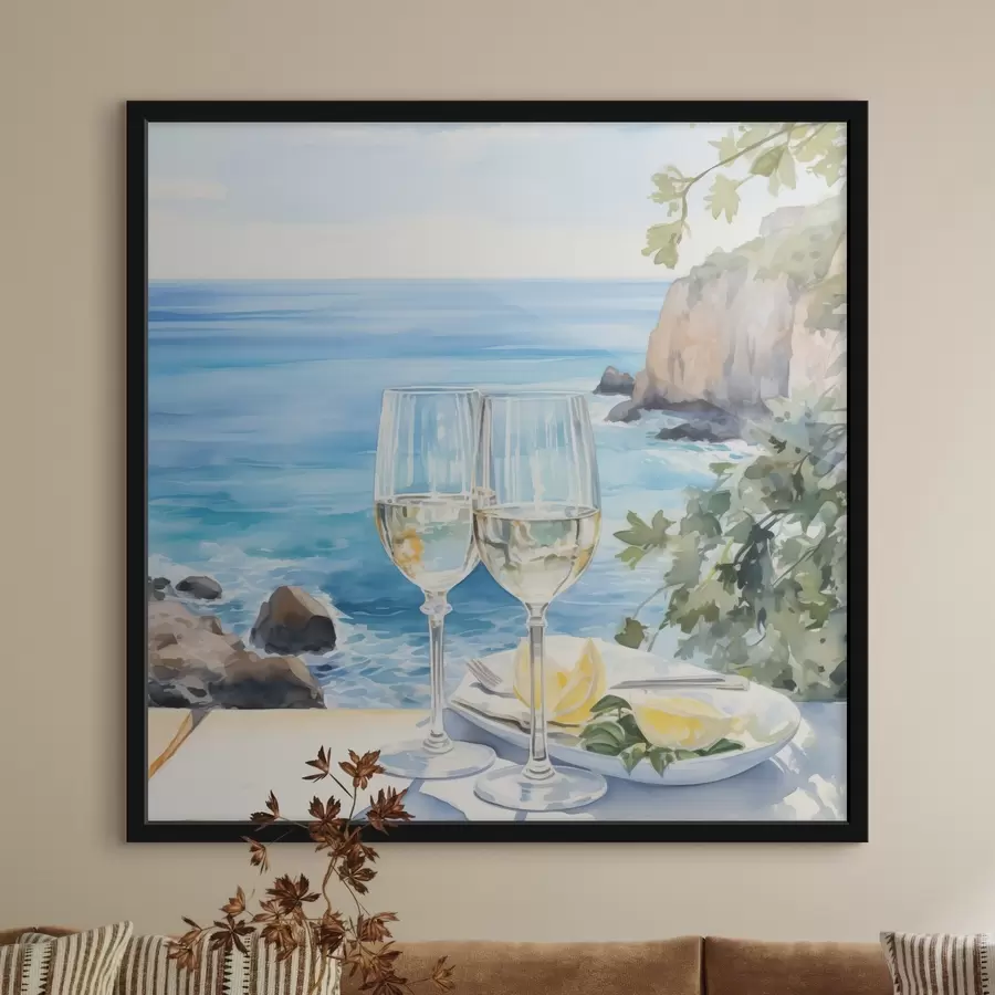 Fototapete Gläser mit Wein am Meer f44644