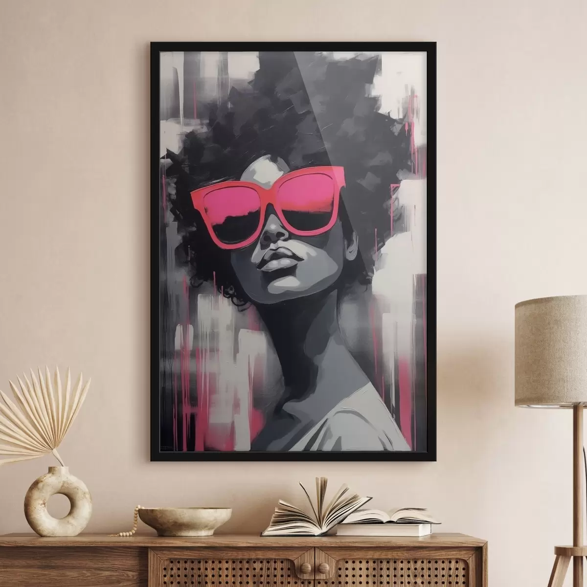 Poster Mädchen mit rosa Brille, schwarzer und weißer Stil f44624