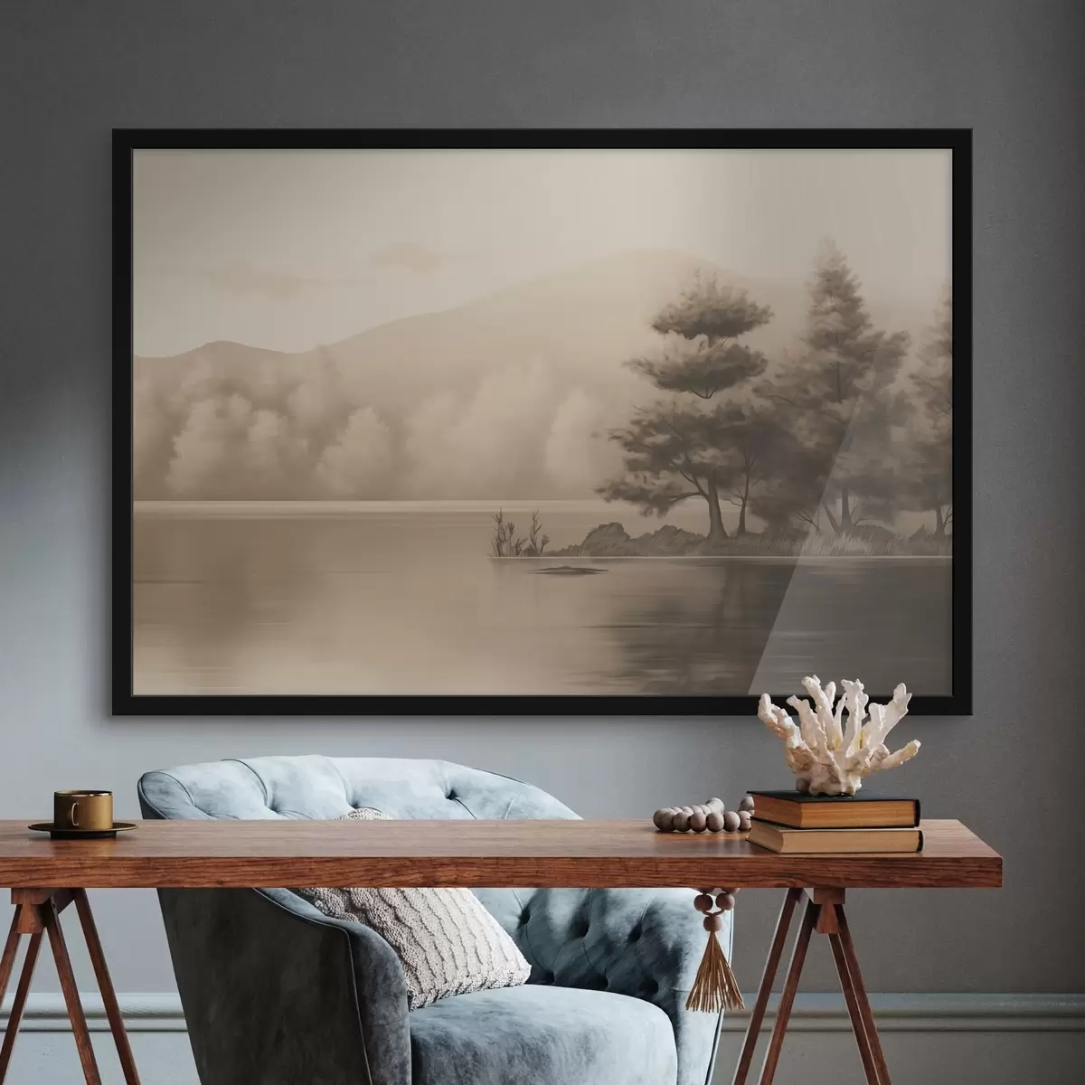 Poster See und Bäume in Sepia f44633