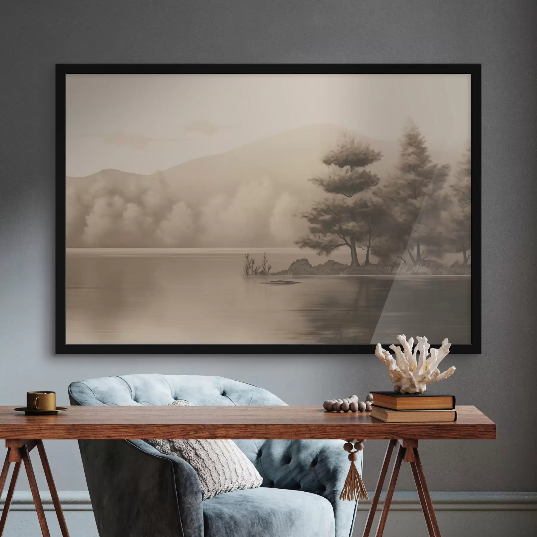 Wandbilder See und Bäume in Sepia f44633