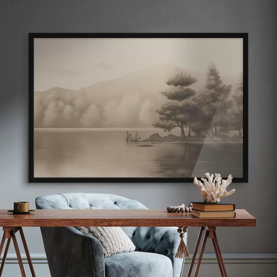 Fototapete See und Bäume in Sepia f44633