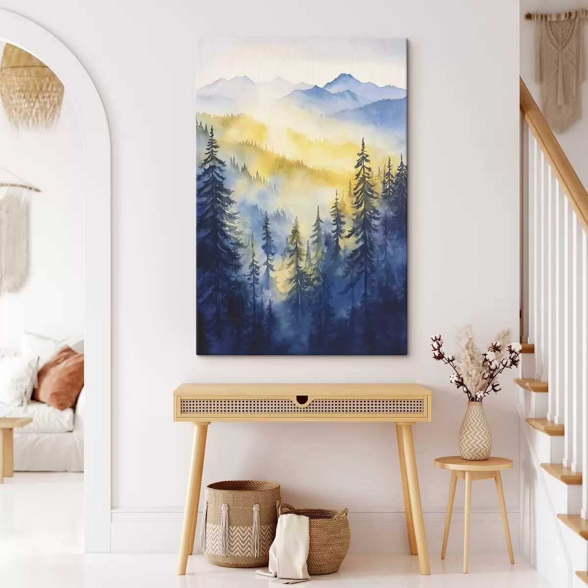 Wandbilder Neblige Berge bei Sonnenaufgang, Kiefernwälder, blaue und gelbe Farben s44602