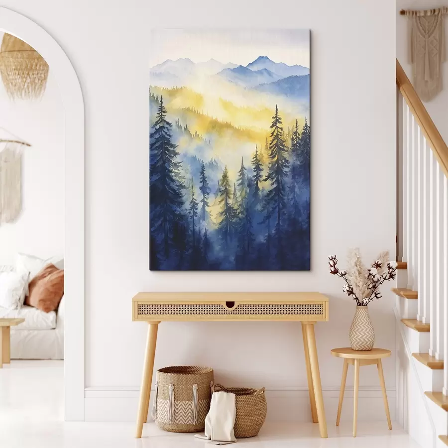 Wandbilder Neblige Berge bei Sonnenaufgang, Kiefernwälder, blaue und gelbe Farben s44602