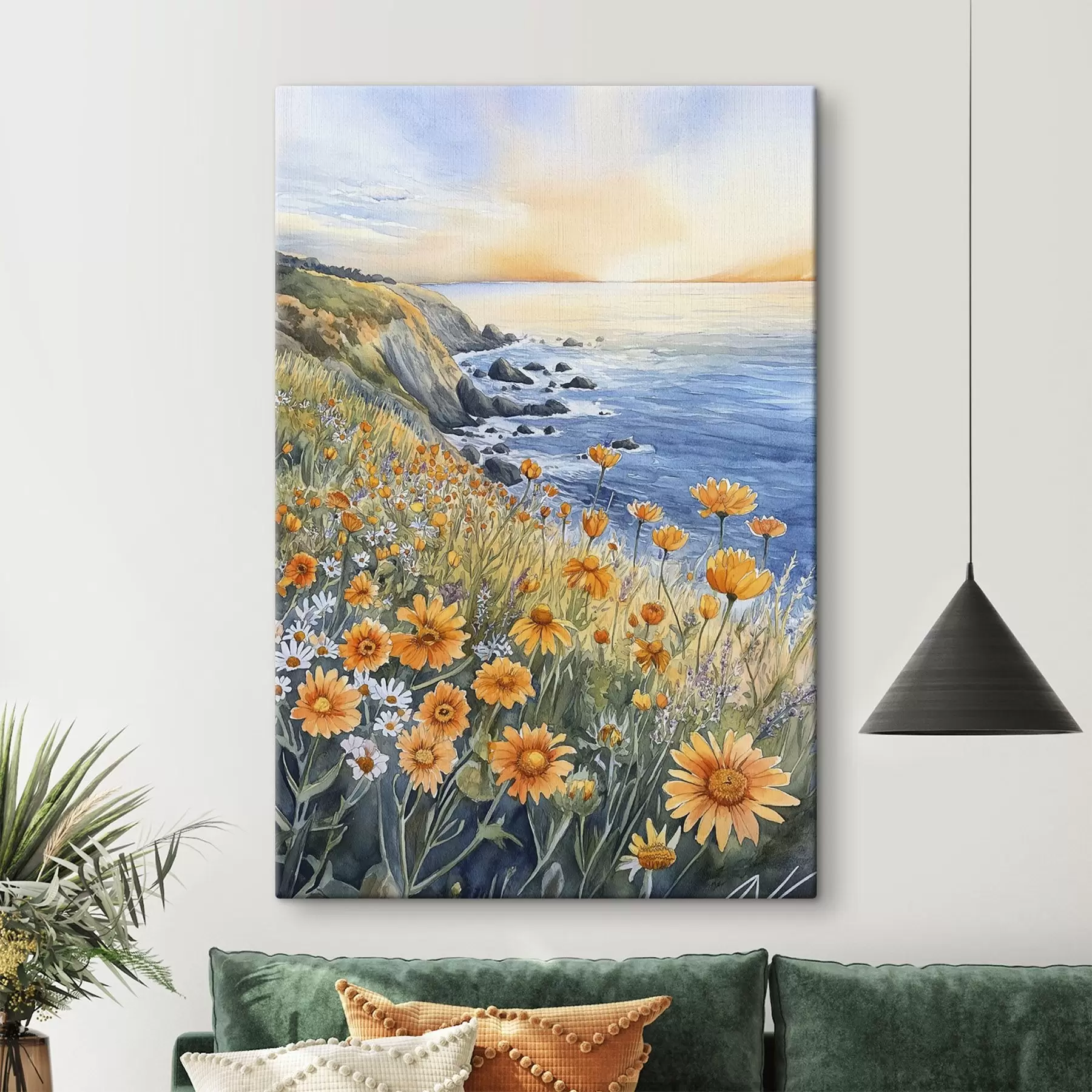 Wandbilder Klippe mit orangefarbenen Blumen, Meeresküste, Portugal, Aquarellstil s44604