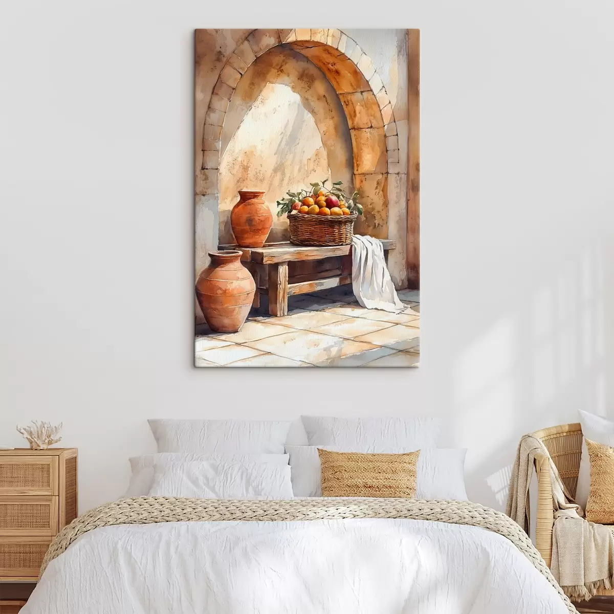 Wandbilder Ästhetische Vasen und Weidenkorb mit Orangen, Toskana, rustikaler Stil s44605