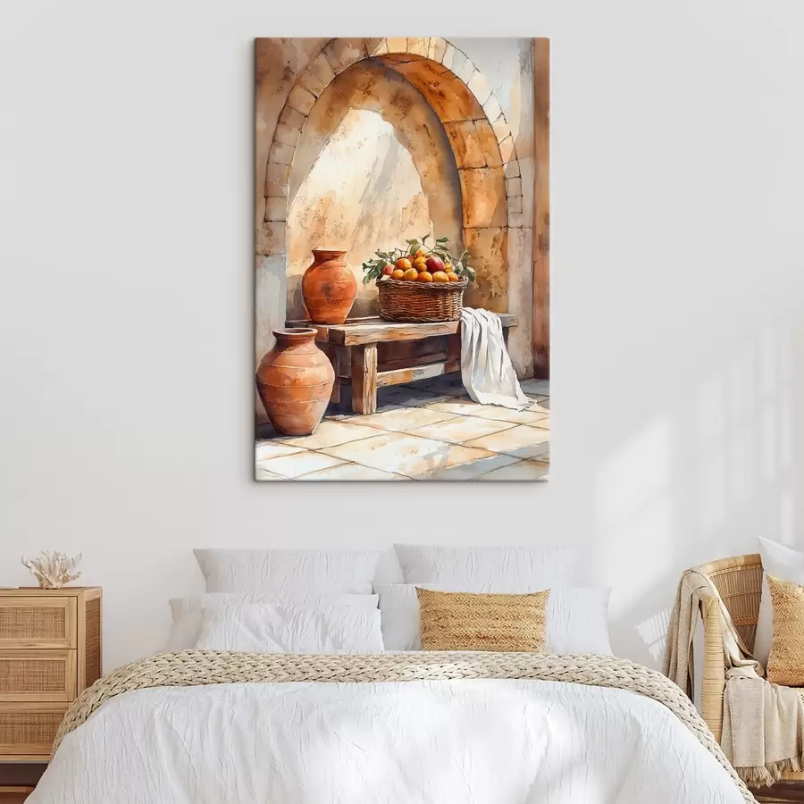Wandbilder Ästhetische Vasen und Weidenkorb mit Orangen, Toskana, rustikaler Stil s44605