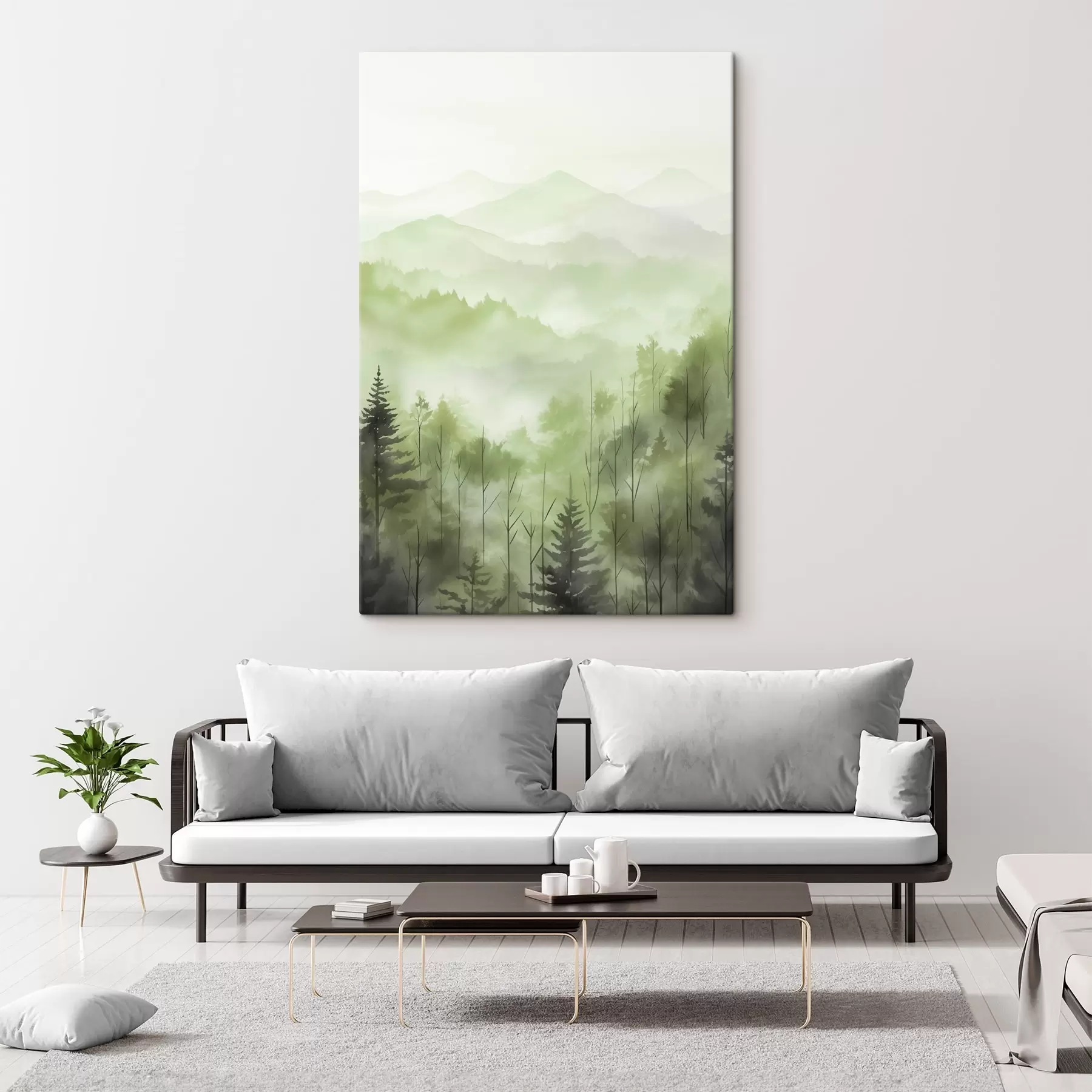 Fototapete Berge mit Waldlandschaft, grüne Farben, Aquarellstil s44606