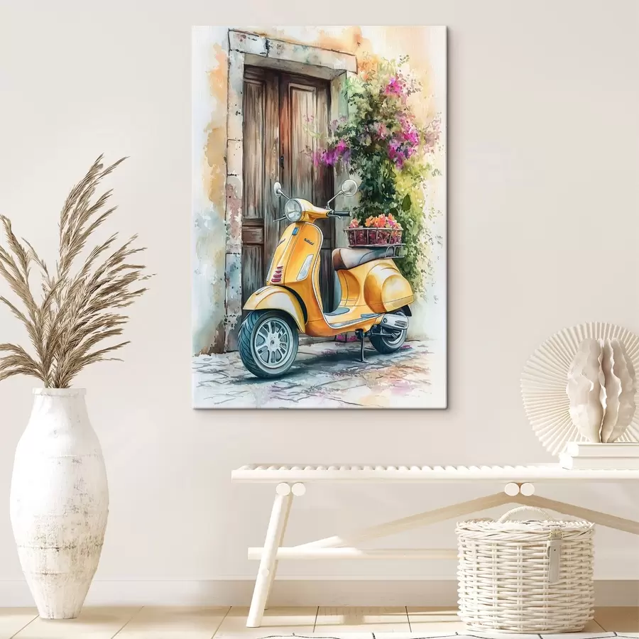 Wandbilder Gelber Vespa-Roller in der Nähe der Holztür mit Blumen s44607