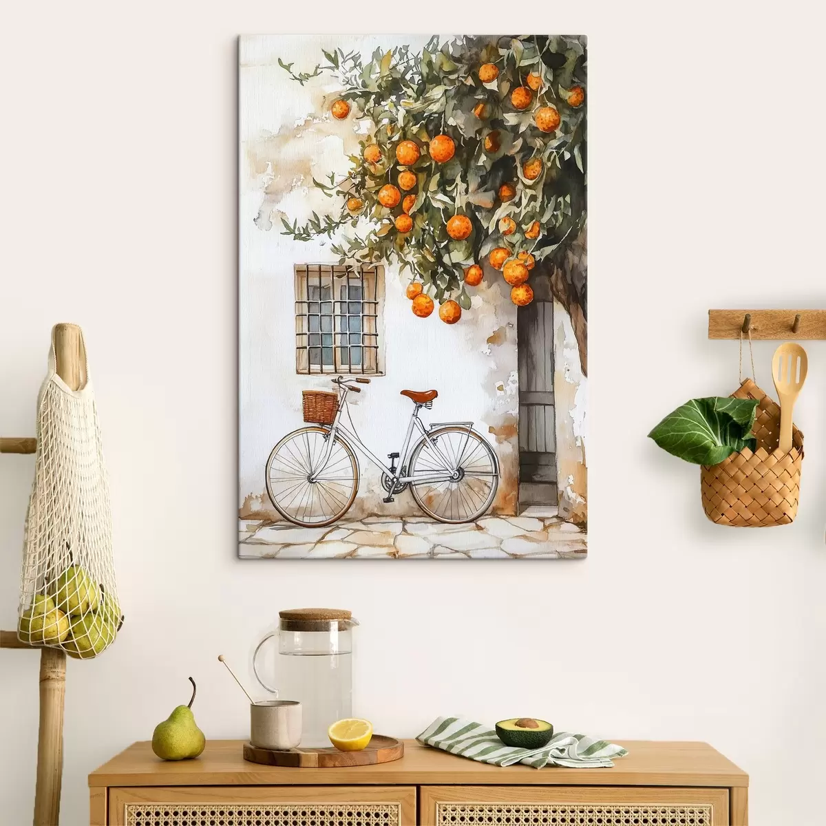Wandbilder Weißes mediterranes Haus mit Orangenbaum und Fahrrad s44610