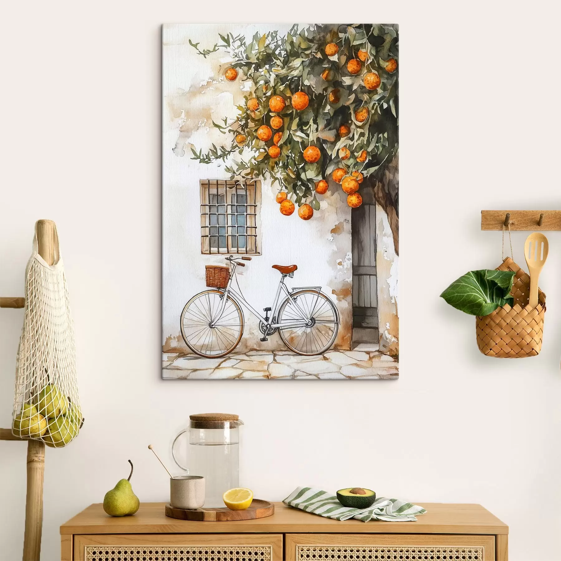 Fototapete Weißes mediterranes Haus mit Orangenbaum und Fahrrad s44610