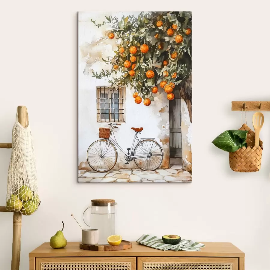 Wandbilder Weißes mediterranes Haus mit Orangenbaum und Fahrrad s44610