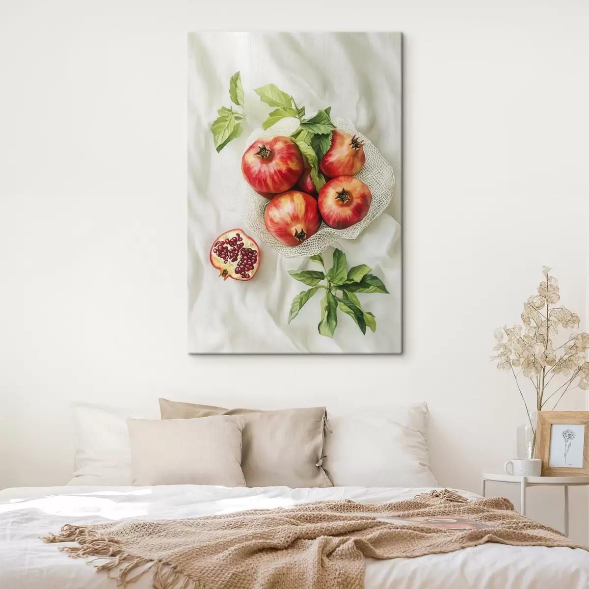 Wandbilder Granatäpfel mit Minzblättern auf den Leinentischdecken, rustikaler Stil s44611