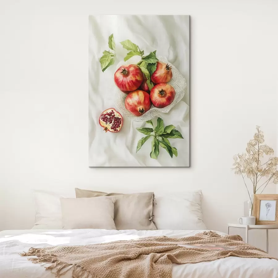 Wandbilder Granatäpfel mit Minzblättern auf den Leinentischdecken, rustikaler Stil s44611