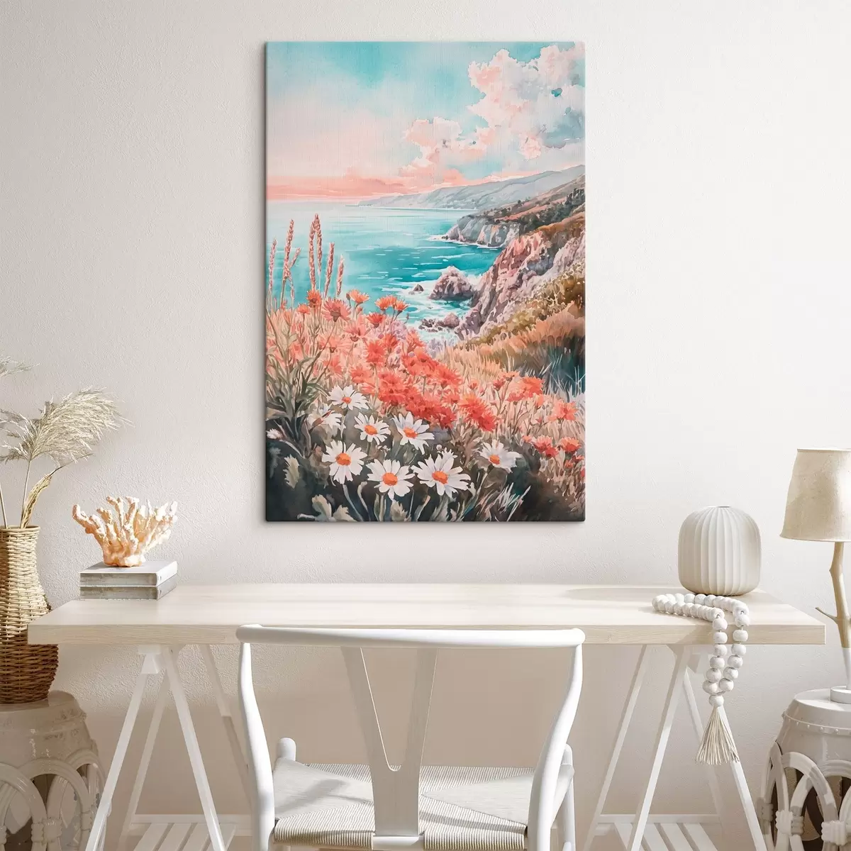 Wandbilder Portugal Ozean Küste auf den Sonnenuntergang, Wiese Blumen s44612