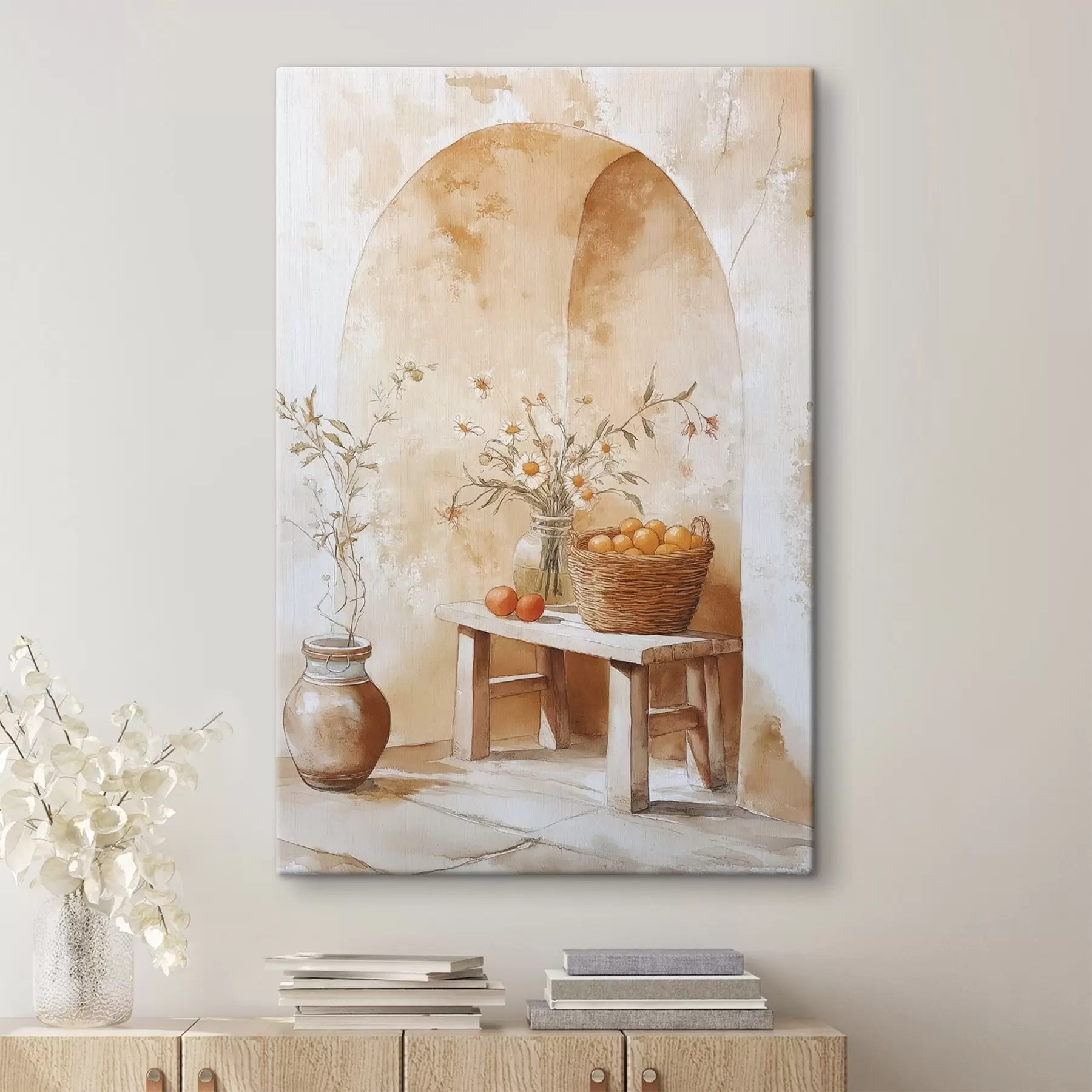 Fototapete Bogenwand mit antikem Krug, Kamillenblüten und Korb mit Orangen s44613