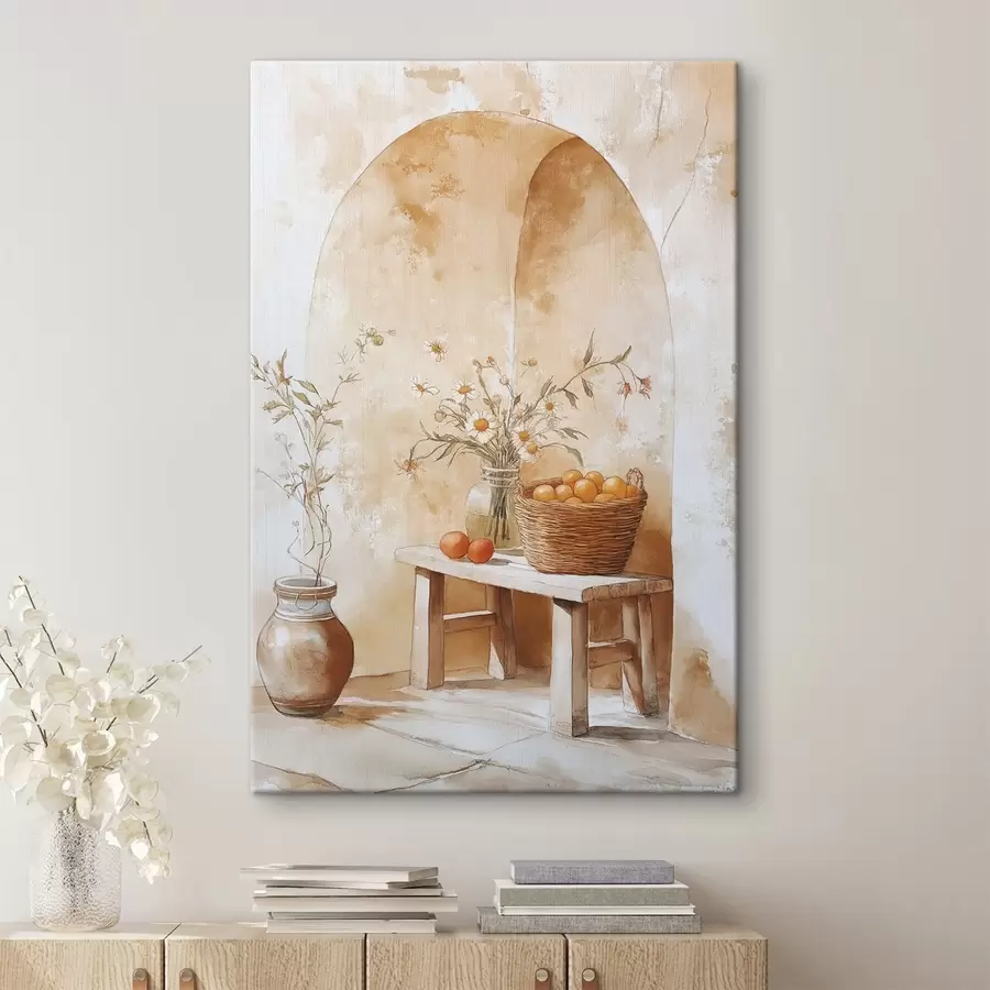 Wandbilder Bogenwand mit antikem Krug, Kamillenblüten und Korb mit Orangen s44613