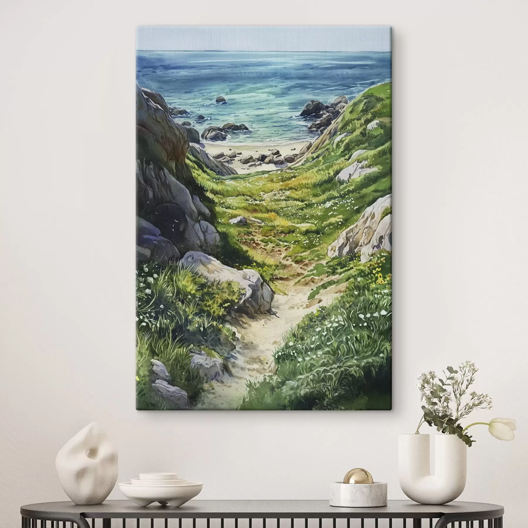 Wandbilder Meeresküste mit Felsen und grünem Gras, Aquarellstil, Sommer s44616