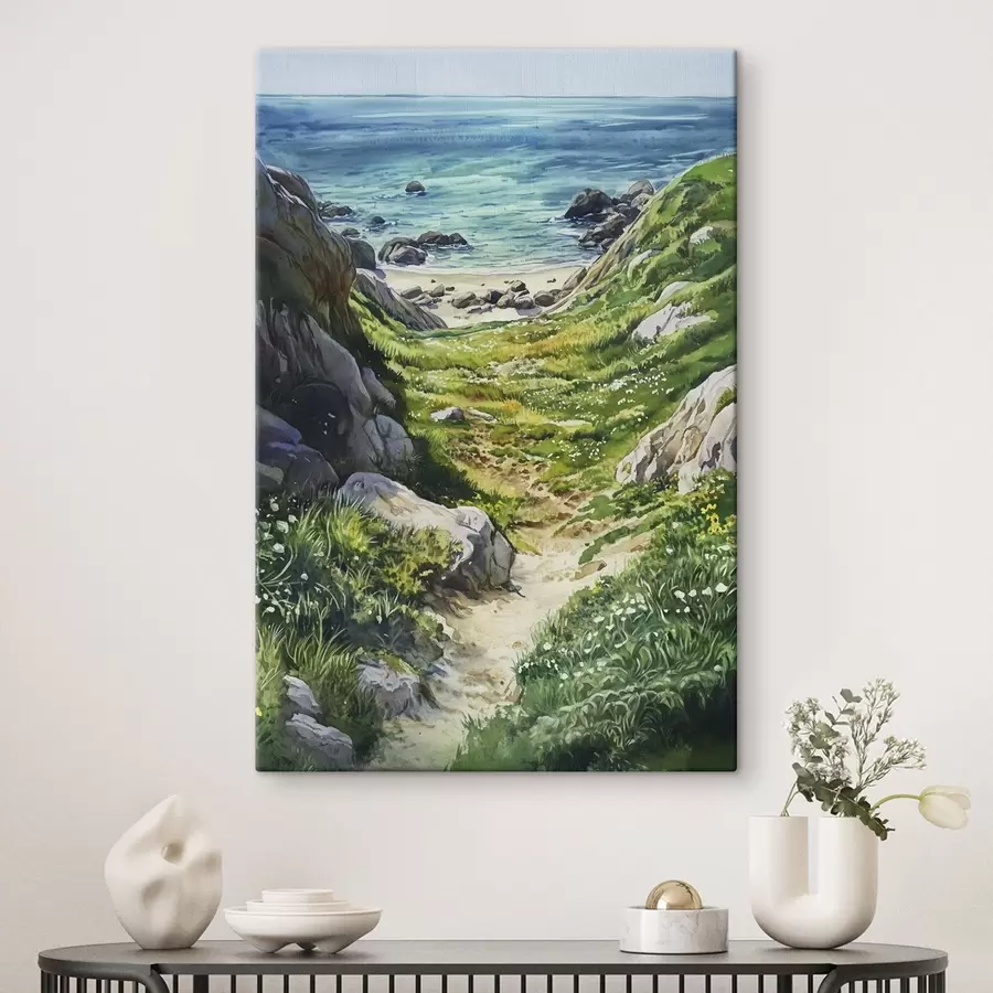 Wandbilder Meeresküste mit Felsen und grünem Gras, Aquarellstil, Sommer s44616