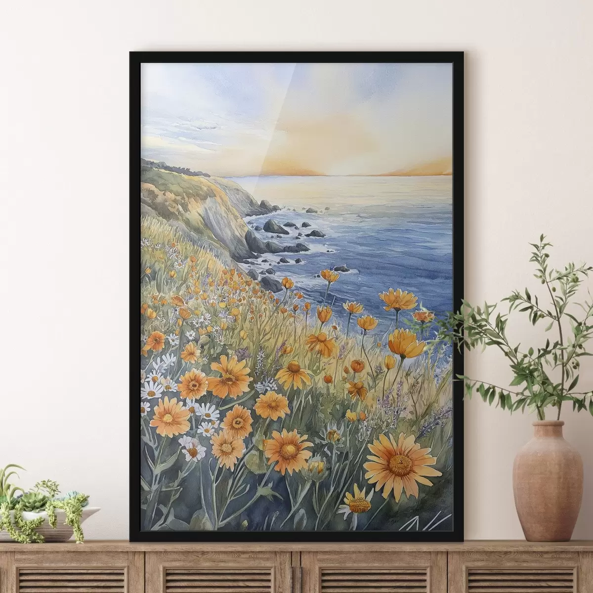 Poster Klippe mit orangefarbenen Blumen, Meeresküste, Portugal, Aquarellstil f44604