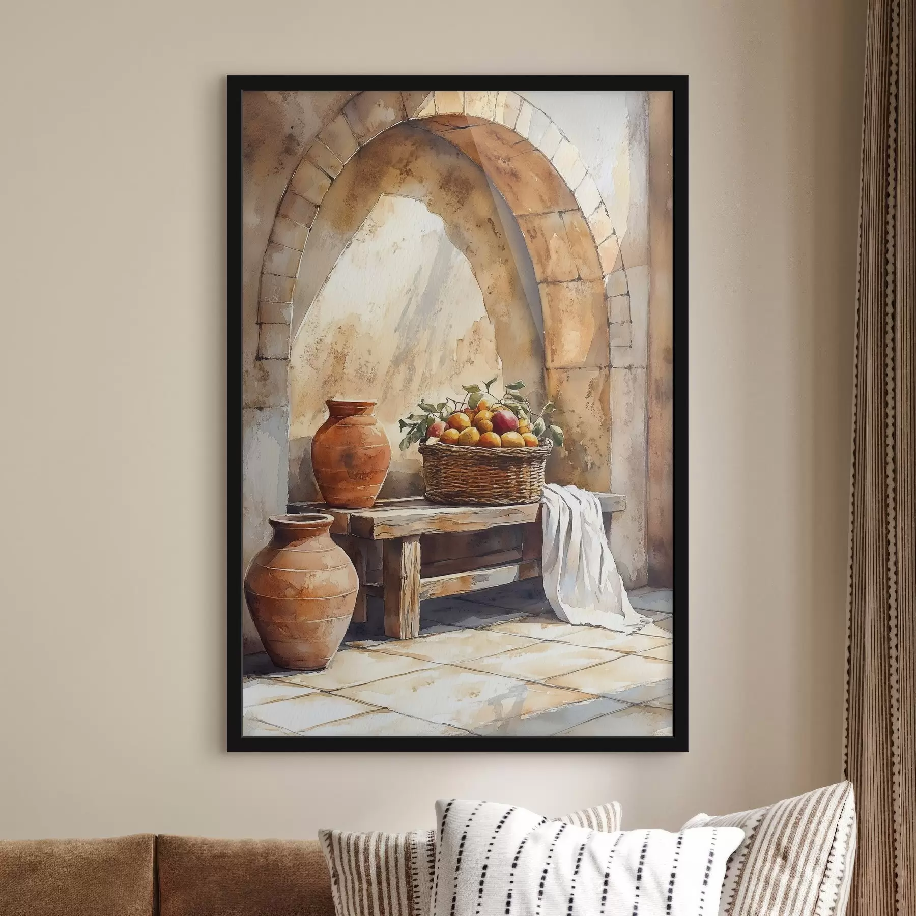 Fototapete Ästhetische Vasen und Weidenkorb mit Orangen, Toskana, rustikaler Stil f44605