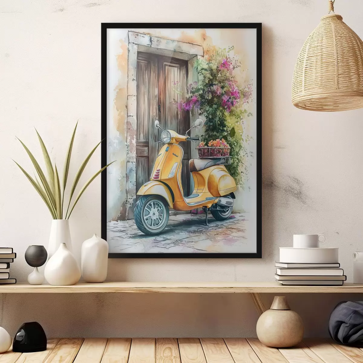 Poster Gelber Vespa-Roller in der Nähe der Holztür mit Blumen f44607