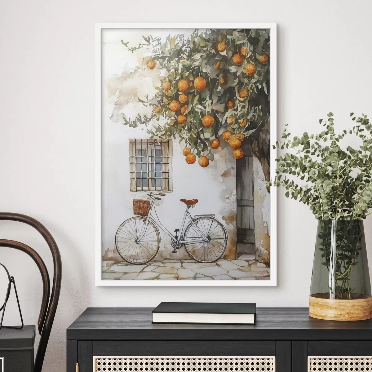 Poster Weißes mediterranes Haus mit Orangenbaum und Fahrrad f44610