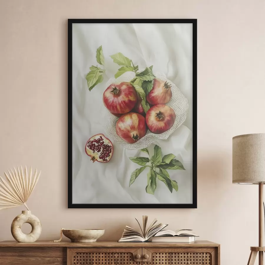 Fototapete Granatäpfel mit Minzblättern auf den Leinentischdecken, rustikaler Stil f44611