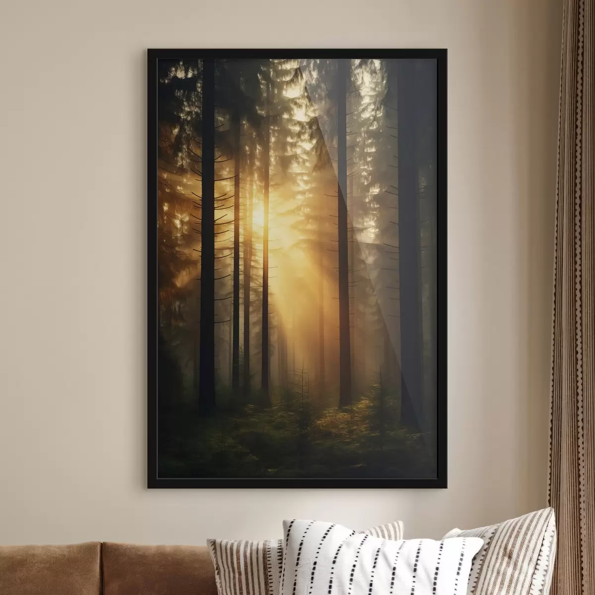 Poster Dichter Kiefernwald mit Sonnenuntergang Licht, Realismus, Natur f44615
