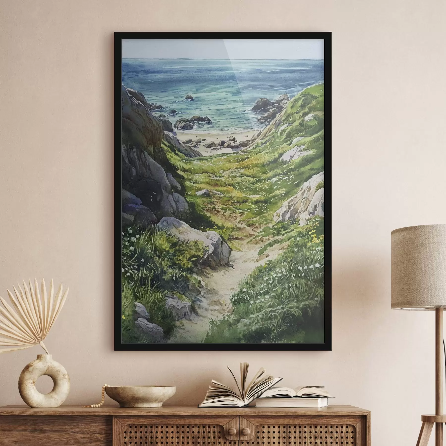 Fototapete Meeresküste mit Felsen und grünem Gras, Aquarellstil, Sommer f44616